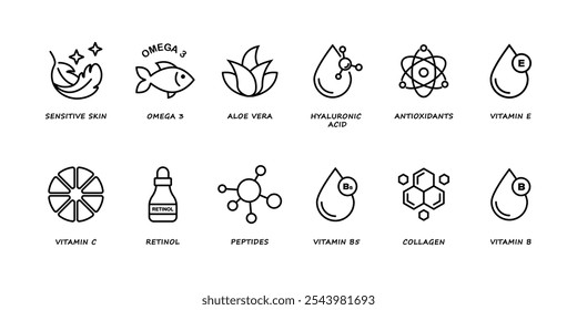 Organic cosmetic line icons set. Organic skin care components or labels. Sensitive Skin, Vitamin C, Omega-3 Fatty Acids, Hyaluronic Acid, Vitamin E, Aloe Vera, Retinol, Collagen, Peptides