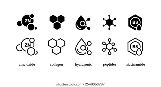 Organic cosmetic line icons set. Organic skin care components or labels. Zinc Oxide icon. Collagen, Hyaluronic, Peptides, and Niacinamide.