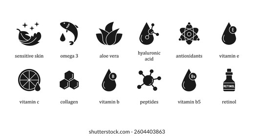 Organic cosmetic line icons set. Organic skin care components or labels. Sensitive Skin, Vitamin C, Omega-3 Fatty Acids, Hyaluronic Acid, Vitamin E, Aloe Vera, Retinol, Collagen, Peptides,