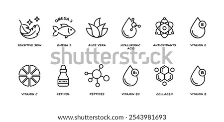 Organic cosmetic line icons set. Organic skin care components or labels. Sensitive Skin, Vitamin C, Omega-3 Fatty Acids, Hyaluronic Acid, Vitamin E, Aloe Vera, Retinol, Collagen, Peptides