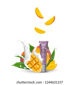 Organic Cosmetic luxury packaging, plastic tube. Cosmetics cream  magazine ads product with mango fruit. 3d Realistic packaging body scrub. Splashing cream milk.  Label design vector illustration.