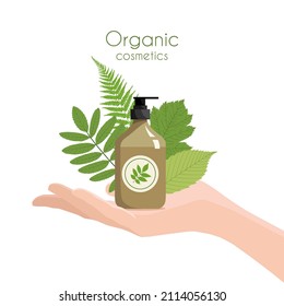 Organic cosmetic on hand with rowan leaves, fern. The concept of natural cosmetics for skin care. Organic cosmetics in eco-friendly packaging. Stock vector illustration in flat style.