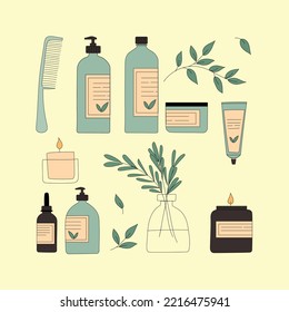 Organic cosmetic packaging big set. Woman stuff, eco girls accessory concept. Natural face care products.