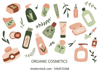 Organic cosmetic packaging: bottles, jars, tubes, soap. Herbal cosmetics collection. Flat hand drawn style. Woman stuff, eco girls accessory concept. Natural face care products. Vector illustration