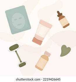 Organic cosmetic packaging set - bottles, glass jars, tubes, guasha . Woman stuff, eco girls accessory concept. Natural face care products. Flat vector illustration. 