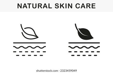 Organic Cosmetic Product for Skin Care Line and Silhouette Black Icon Set. Natural Eco Cream Pictogram. Skin and Leaves Organic Dermatology Symbol Collection. Isolated Vector Illustration.