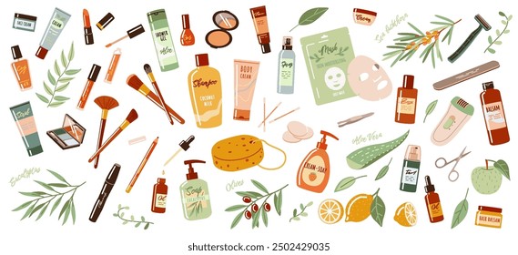 Productos cosméticos orgánicos con Elementos naturales Conjunto de objetos de dibujos animados 2D. Suministros de maquillaje y tratamiento de la piel línea plana objetos vectoriales sobre fondo blanco