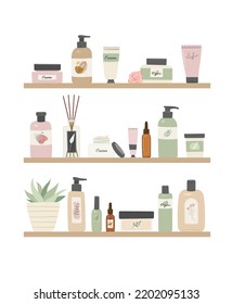 Organic cosmetic products standing on shelf in cosmetology store flat vector illustration. Cream, bath goods, spa accessories, hygiene items for skin and body care on white background.