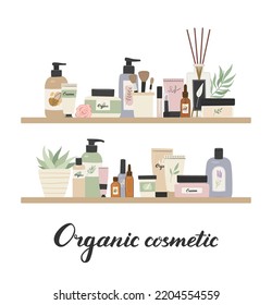 Productos cosméticos orgánicos estampados en una estantería en la que se almacena la ilustración vectorial plana. Crema, champú, productos de baño, accesorios para el spa, artículos de higiene para la piel y el cuidado corporal sobre fondo blanco.