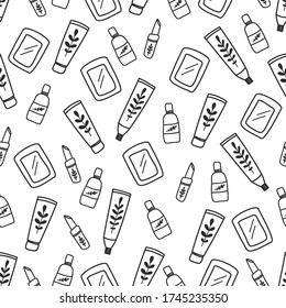 Organic cosmetic seamless doodle pattern. Cartoon make up background with lipstick, mirror, creame. Black and white cosmetics and makeup seamless pattern in line art style. Vector.