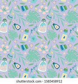 Organic cosmetic seamless pattern: bottles, jars, tubes. Herbal cosmetics texture. Flat hand drawn style. Woman stuff, eco girls accessory concept. Natural face care products. Vector illustration