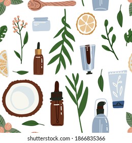 Organic cosmetic seamless pattern with bottles, jars, tubes. Herbal cosmetics background . Woman stuff, eco girls accessory concept. Natural face care products. Vector Flat hand drawn illustration.