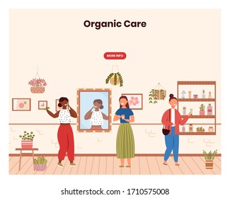 Organic cosmetic shop. Beauty spa salon. Woman try cosmetics in store. Concept illustration. Vector web site design template. Landing page website illustration.