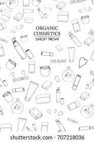 Organic cosmetics banner in doodle style. Vector illustration for web, shop and creative design