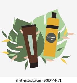 Organic cosmetics: body lotion and scrub. Floral elements. Eco friendly. Vector illustration.