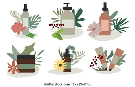 Organic cosmetics. Bottles, Plants, flowers. Set of abstract vector illustrations