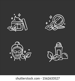 Organic cosmetics chalk icons set. Face cream. Pressed makeup powder. Facial mask. Deodorant, antiperspirant. Eco paraben free beauty products. Skincare. Isolated vector chalkboard illustrations