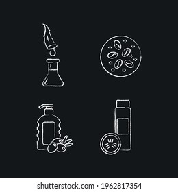 Organic cosmetics chalk icons set. Natural make up. Thin line customizable illustration. Contour symbol. Vector isolated outline drawing.
