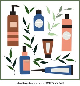 Organic cosmetics collection: hand and face cream, body lotion, plant elements, toothbrush, and shampoo. Eco friendly. Vector illustration. 