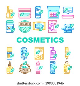 Organic Cosmetics Collection Icons Set Vector. Makeup Palette Cosmetics And Facial Mask Sheet, Natural Coconut Oil For Hair And Skin Concept Linear Pictograms. Contour Color Illustrations