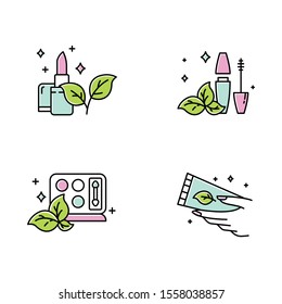 Organic cosmetics color icons set. Lipstick. Mascara tube. Eyeshadow palette. Hand cream, lotion. Eco makeup items. Skincare. Natural beauty products. Paraben free. Isolated vector illustrations