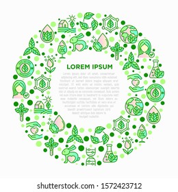 Organic cosmetics concept in circle with thin line icons. Signs: cruelty free, 0% alcohol, natural ingredients, paraben free, eco friendly, no mineral oil, non GMO. Modern vector illustration.