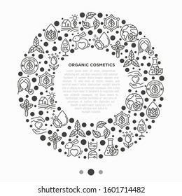 Organic cosmetics concept in circle with thin line icons. Signs: cruelty free, 0% alcohol, natural ingredients, paraben free, eco friendly, no mineral oil, non GMO. Modern vector illustration.