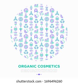 Concepto cosmético orgánico en círculo con iconos de línea delgada. Señales: sin crueldad, alcohol al 0%, ingredientes naturales, sin parabeno, respetuoso con el medio ambiente, sin aceite mineral, sin OMG. Ilustración vectorial moderna.