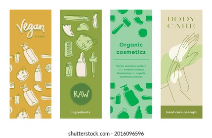 Organic cosmetics concept. Self care, body care vector linear icons. Vegan cosmetics banner set. Natural green pattern. Illustrations for label background, packaging design template. Beauty in nature.