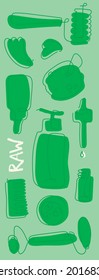 Organic cosmetics concept. Self care, body care vector linear icons. Vegan cosmetics banner. Natural green pattern. Illustrations for label background, packaging design template. Beauty in nature.