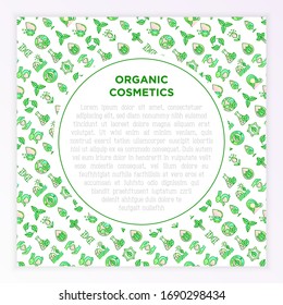 Concepto de cosmética orgánica con iconos de línea delgada. Sin crueldad, alcohol al 0%, ingredientes naturales, sin parabenos, respetuosos con el medio ambiente, sin aceite mineral, sin OMG. Ilustración vectorial moderna, plantilla con espacio de copia