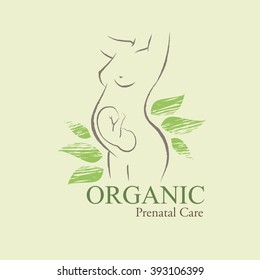 Organic Cosmetics Design element with contoured pregnant woman and unborn baby decorated by hand drawn green leaves. Prenatal care emblem 