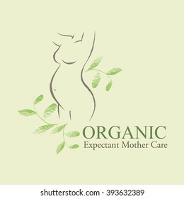 Organic Cosmetics Design element with contoured pregnant women silhouette decorated by hand drawn green leaves. Expectant mother care emblem
