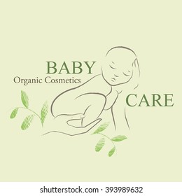 Organic Cosmetics Design element with contoured newborn baby decorated by hand drawn green leaves. Baby care emblem