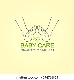 Organic Cosmetics Design element with contoured newborn baby feet, decorated by hand drawn green leaves. Baby care emblem