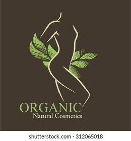 Organic Cosmetics Design elements with contoured woman's silhouette and hand-drawn green leaves