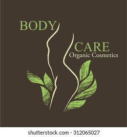 Organic Cosmetics Design elements with contoured woman's silhouette and hand-drawn green leaves