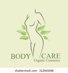 Organic Cosmetics Design elements with contoured woman's silhouette and hand-drawn green leaves