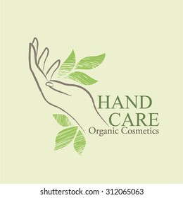 Organic Cosmetics Design elements with contoured woman's hand and hand-drawn green leaves