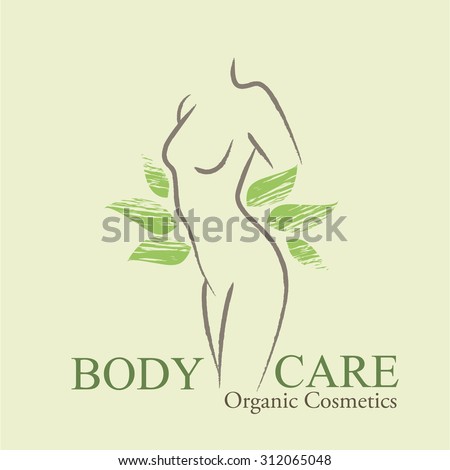 Organic Cosmetics Design elements with contoured woman's silhouette and hand-drawn green leaves