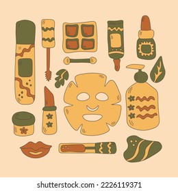 Organic cosmetics doodle set. Hand drawn colorful collection of luxury skin care products. Woman herbal beauty elements, decorated with flowers and leaves. Isolated vector illustration