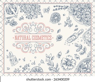 Organic Cosmetics frame. Natural cosmetics background. Vector illustration