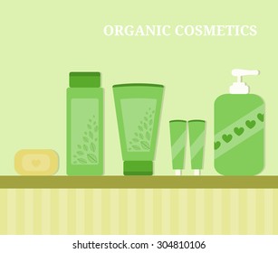 Organic cosmetics. Healthy lifestyle concept. Tubes and bottles with cosmetics. Green colors. Flat style design with shadows. Beauty and health care.
