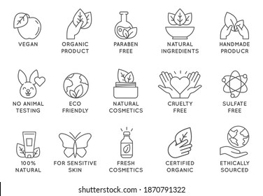 Organic cosmetics icon. Eco friendly cruelty free line badges for beauty products and vegan food. No animal tested, natural icons vector set. For sensitive skin, ethically sourced collection