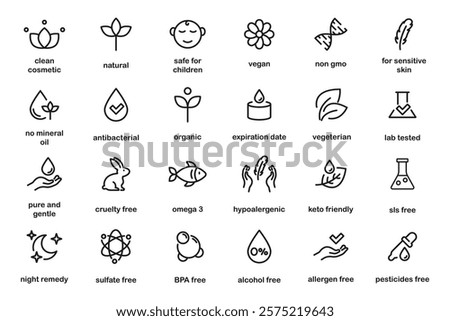 Organic cosmetics icon set. Eco cosmetics icon. Eco friendly, sensitive skin, vegan, paraben, antibacterial, allergen free, lab tested