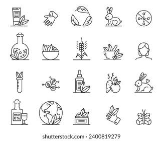 Organic cosmetics icons. No animal tested, natural icons vector set. Eco friendly cruelty free line badges for beauty products