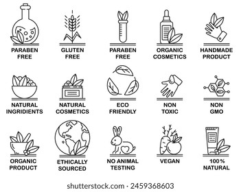 Organic cosmetics icons. No animal tested, natural icons vector set. Eco friendly cruelty free line badges for beauty products