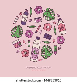 Organic cosmetics illustration. Beauty set. Hand drawn spa and aromatherapy elements. Cartoon vector sketch of natural cosmetic. 
