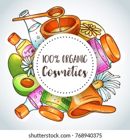 Organic cosmetics illustration. Beauty set. Hand drawn spa and aromatherapy elements. Cartoon vector sketch of natural cosmetic. Herbal serum and oil