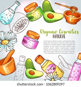 Organic Cosmetics illustration. Hand drawn spa and aromatherapy elements. Cartoon sketch of natural cosmetic. Spa Club Background